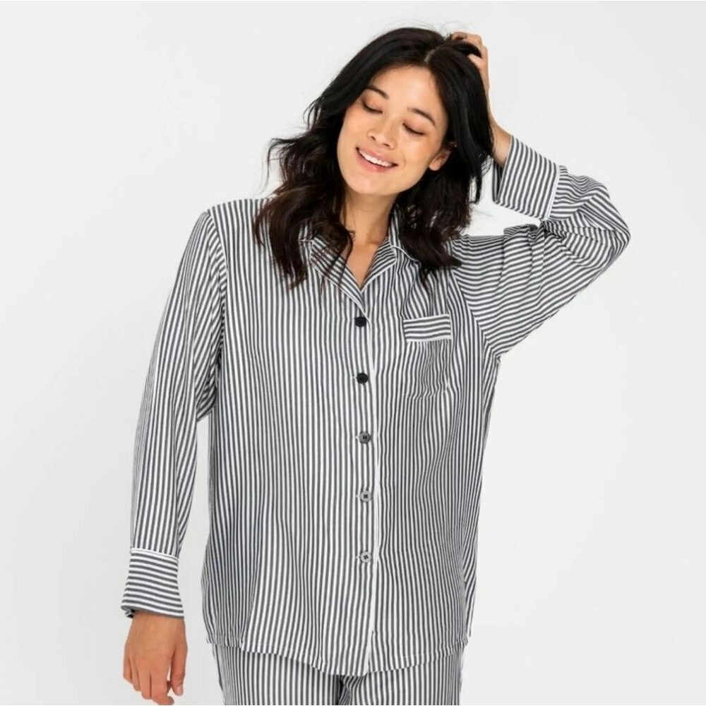 Ettitude Sateen Bamboo PJ Pajama Lounge Sleep Shirt Slate White Stripes Large